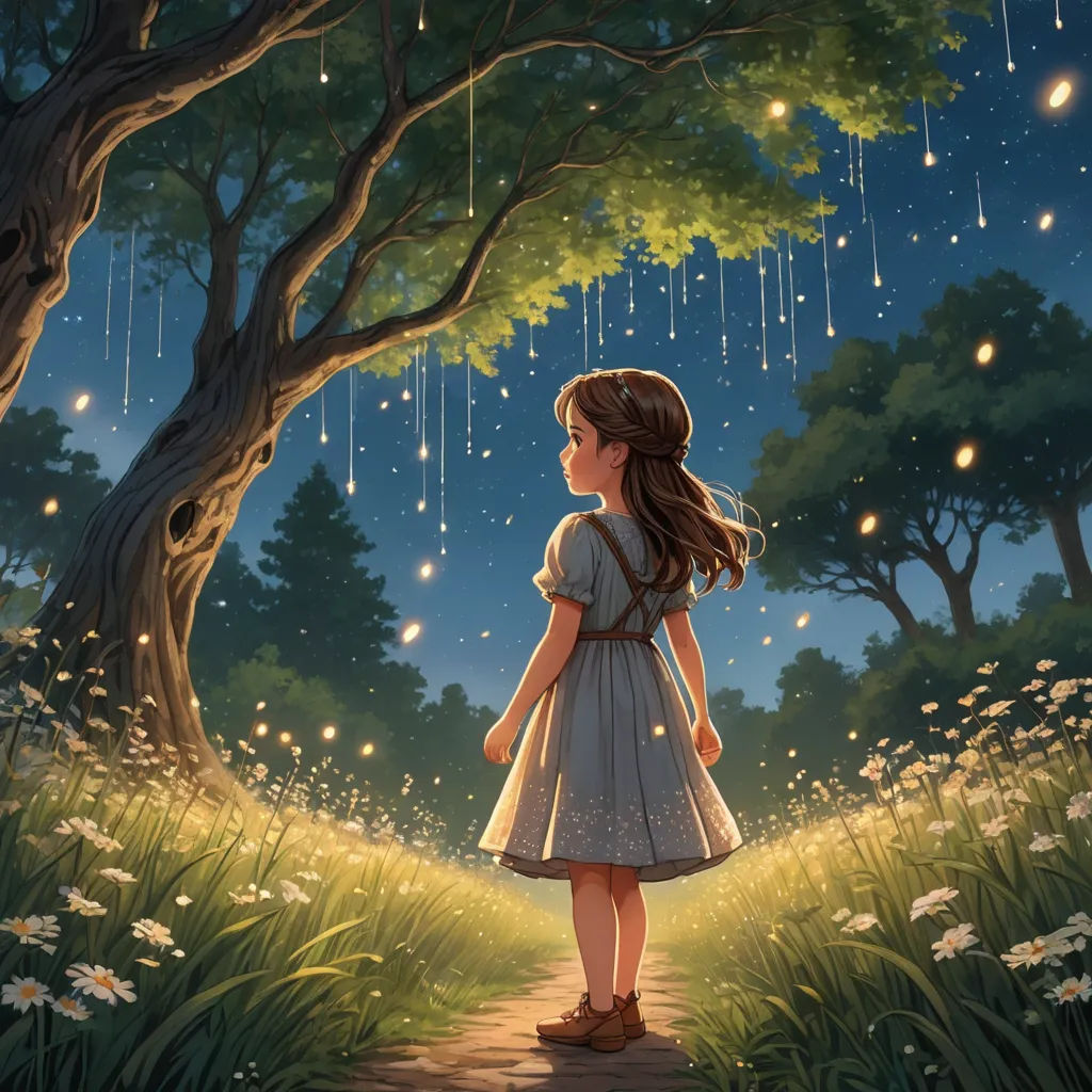 a little girl standing in the middle of a forest under a tree with lights on it and a rain falling from the sky, fantasy art, a storybook illustration, Cyril Rolando, fireflies