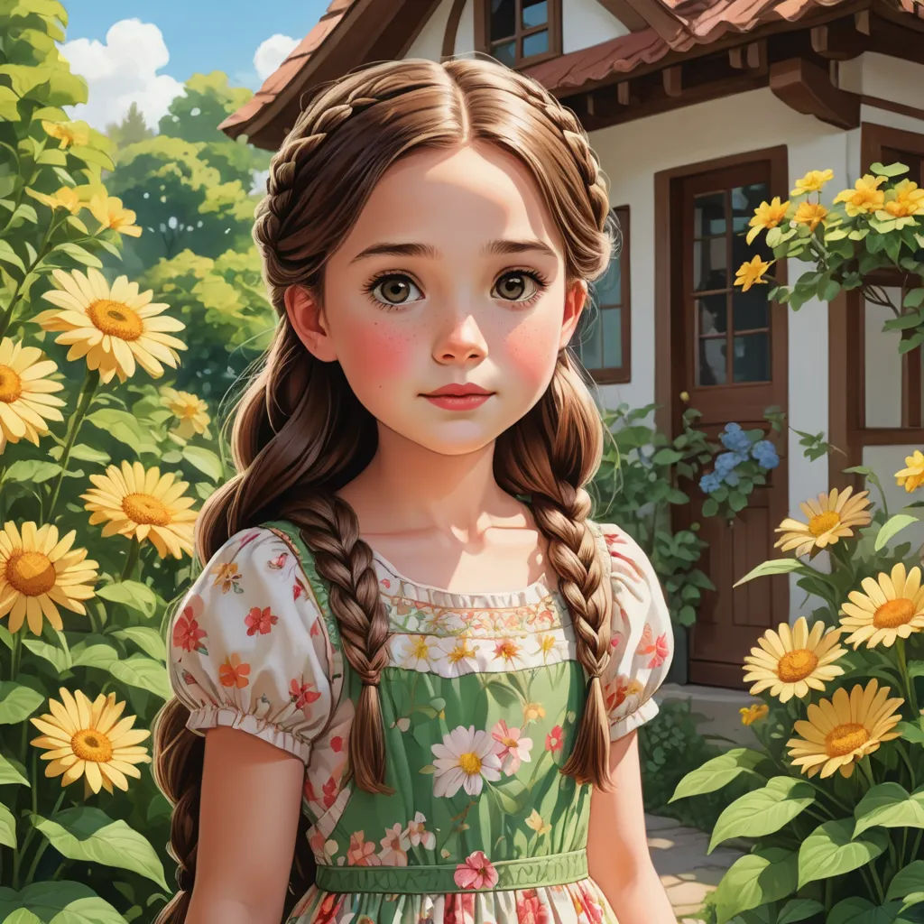 a painting of a girl in a dress standing in front of a house with sunflowers in the background, photorealism, a storybook illustration, Anne Said, cgstudio