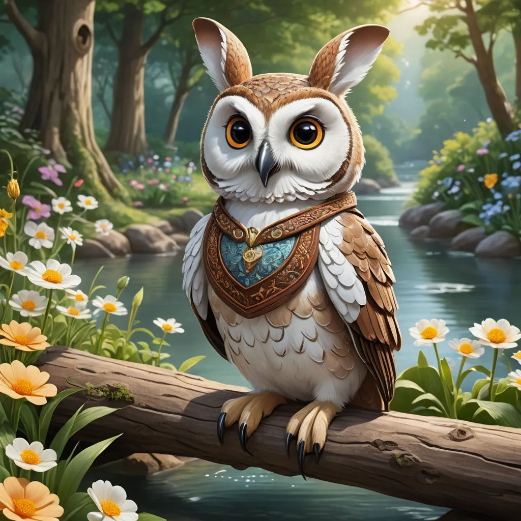 a painting of an owl wearing a leather collar sitting on a branch in a forest with flowers and a stream, fantasy art, a storybook illustration, Chris LaBrooy, highly detailed digital painting