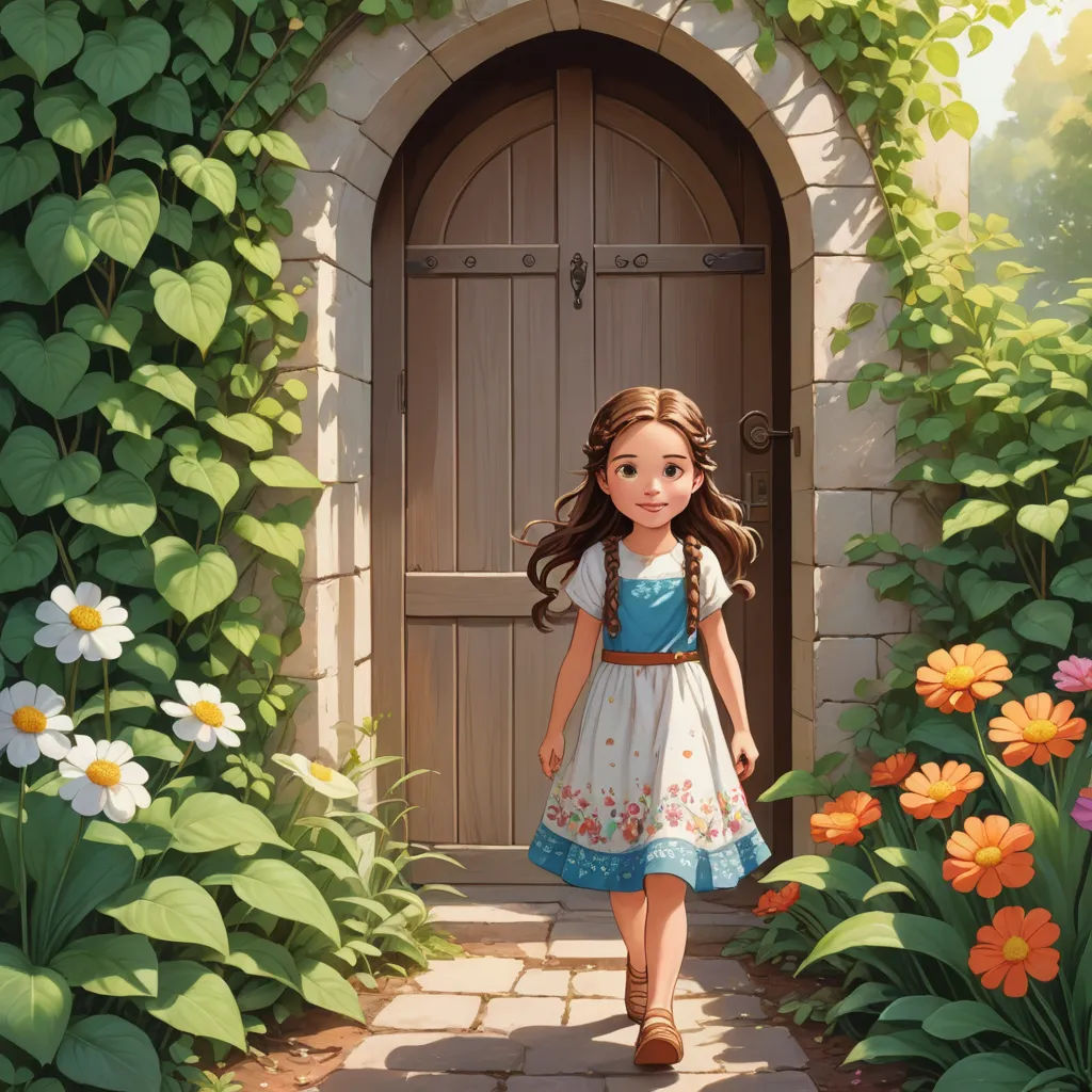 a painting of a girl walking into a doorway with flowers around her and a door to another room with a door, fantasy art, a storybook illustration, Alice Prin, storybook illustration
