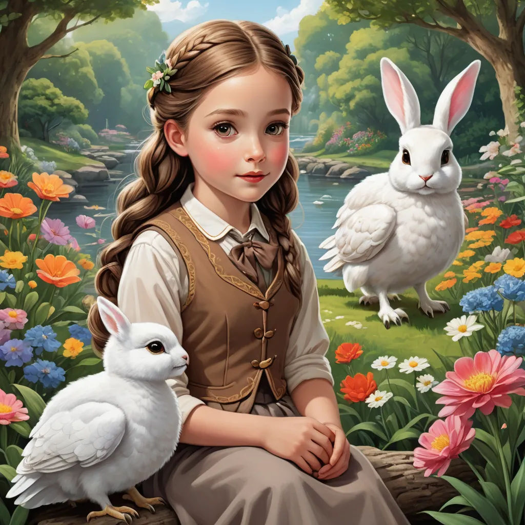 a girl sitting on a log with a rabbit next to her and a bird on her shoulder, in a field of flowers, fantasy art, a storybook illustration, Alice Prin, official art