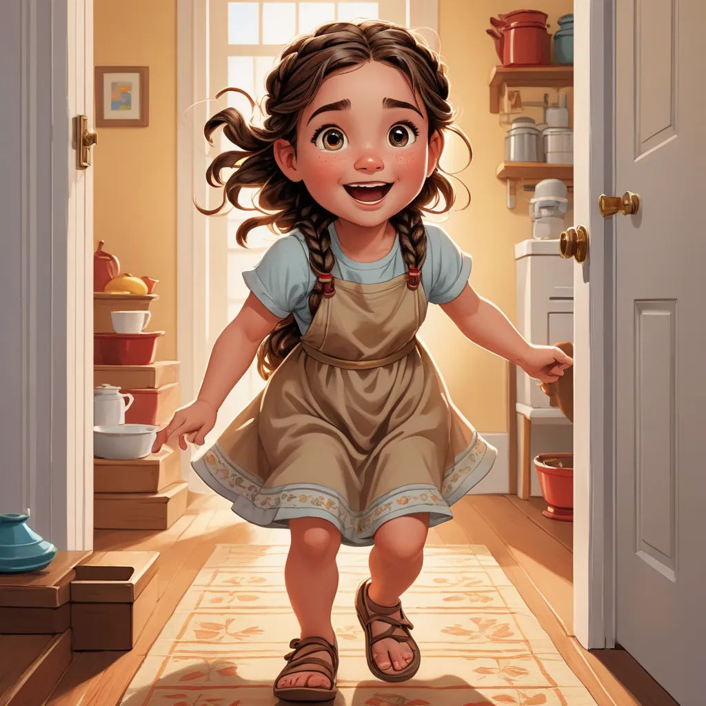 a cartoon girl is walking into a kitchen with a door open and a pot on the floor behind her, photorealism, a storybook illustration, Clarice Beckett, trending on art station