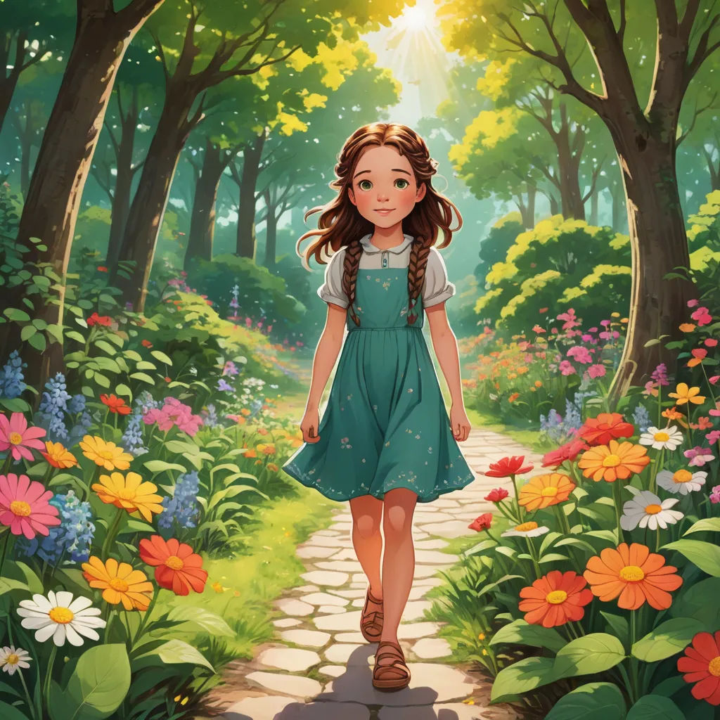 a girl walking through a forest with flowers on the ground and trees in the background, with a path leading to the sun, fantasy art, a storybook illustration, Alice Prin, rossdraws global illumination