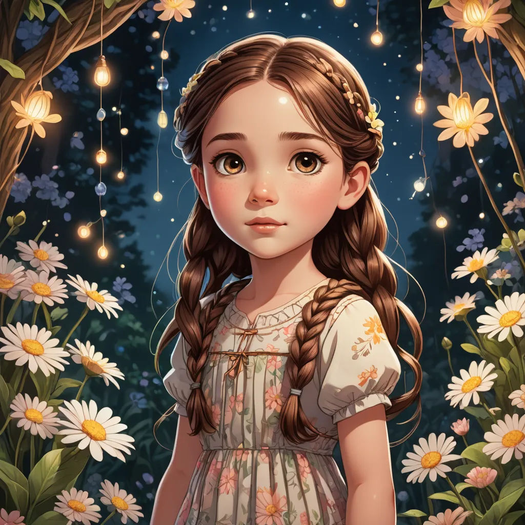 a girl with long hair standing in a field of flowers with a tree in the background and lights hanging from the branches, fantasy art, a storybook illustration, Anna Dittmann, trending on art station
