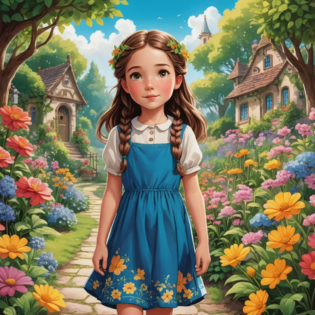 a painting of a girl in a blue dress standing in a garden with flowers and a house in the background, naive art, a storybook illustration, Alice Prin, storybook illustration