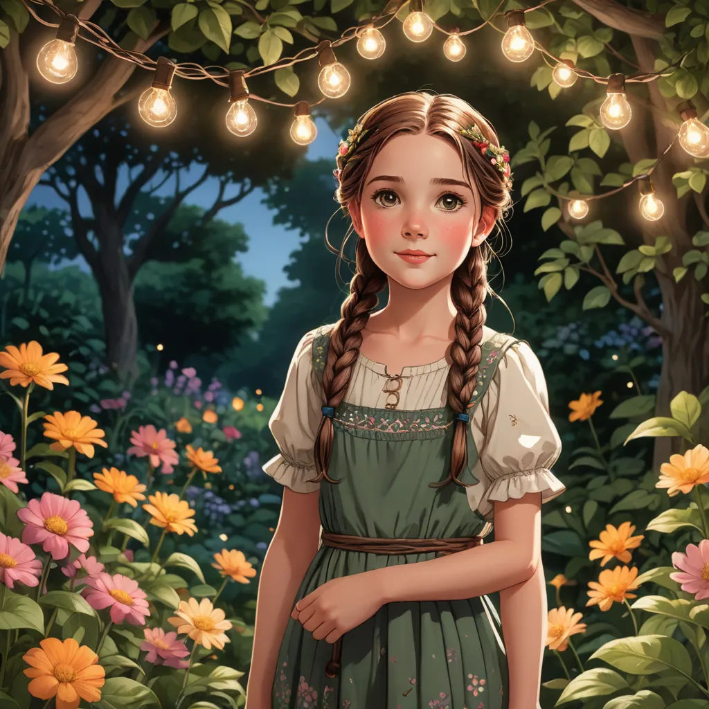 a girl in a green dress standing in a garden with flowers and lights strung overhead and a string of lights strung across the top of her head, fantasy art, a storybook illustration, Claire Falkenstein, rossdraws global illumination