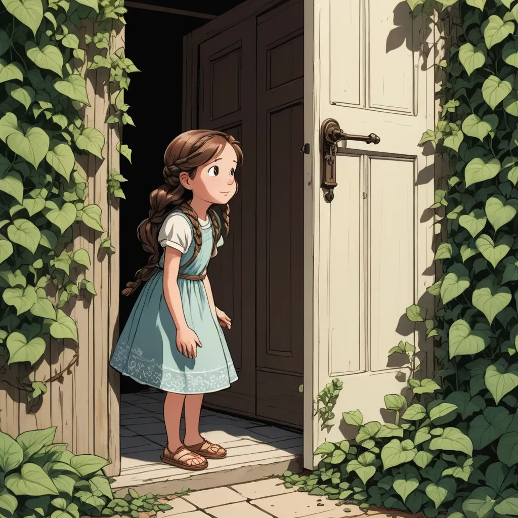 a little girl standing in front of a door with a backpack on her back and a backpack on her shoulder, magical realism, a storybook illustration, Alice Prin, rossdraws global illumination