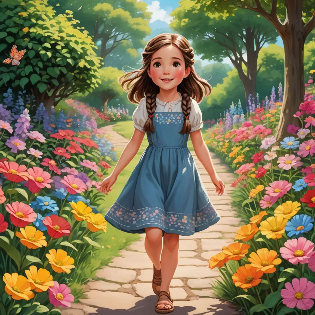 a painting of a girl walking through a flower garden with a pathway leading to a butterfly - shaped tree, fantasy art, a storybook illustration, Alice Prin, official art