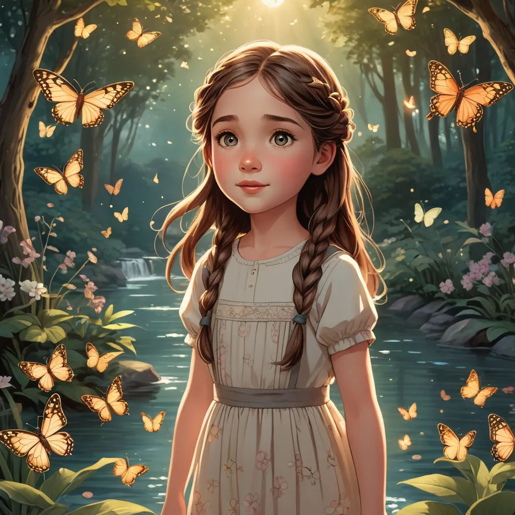 a girl in a dress standing in a forest with butterflies around her and a stream of water in the background, fantasy art, a storybook illustration, Brad Kunkle, kinkade