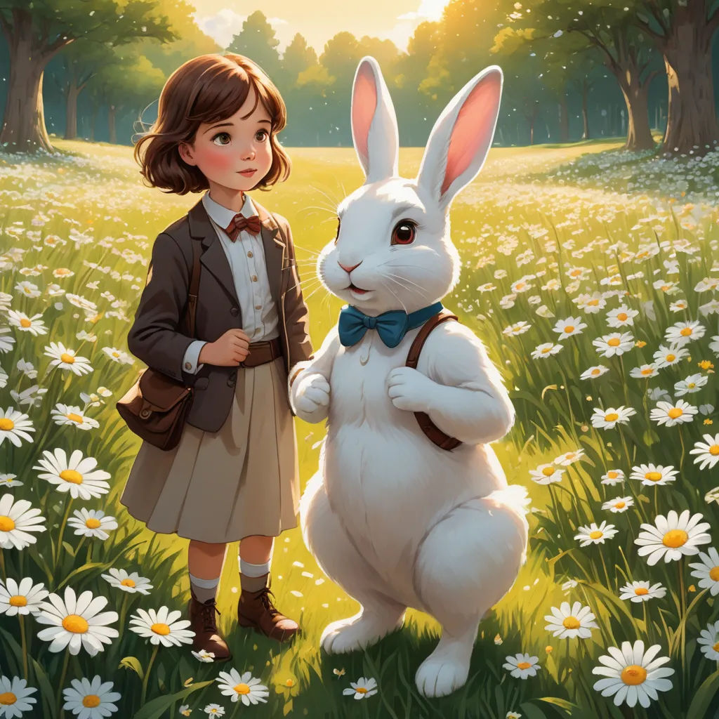 a girl standing next to a white bunny in a field of flowers with trees in the background and a sun setting, furry art, a storybook illustration, Aaron Jasinski, official art