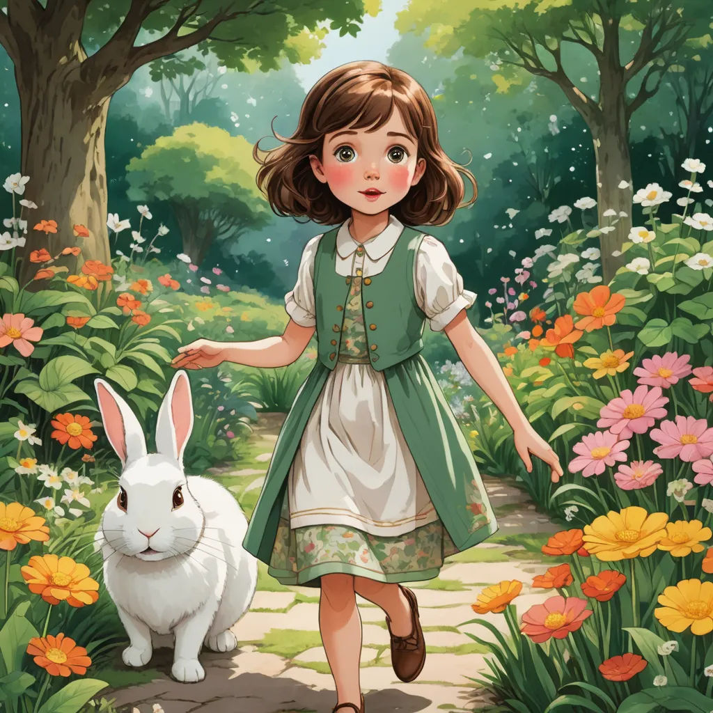 a girl in a green dress is walking with a white rabbit in a flower garden with trees and flowers, magical realism, a storybook illustration, Alice Prin, hints of yayoi kasuma
