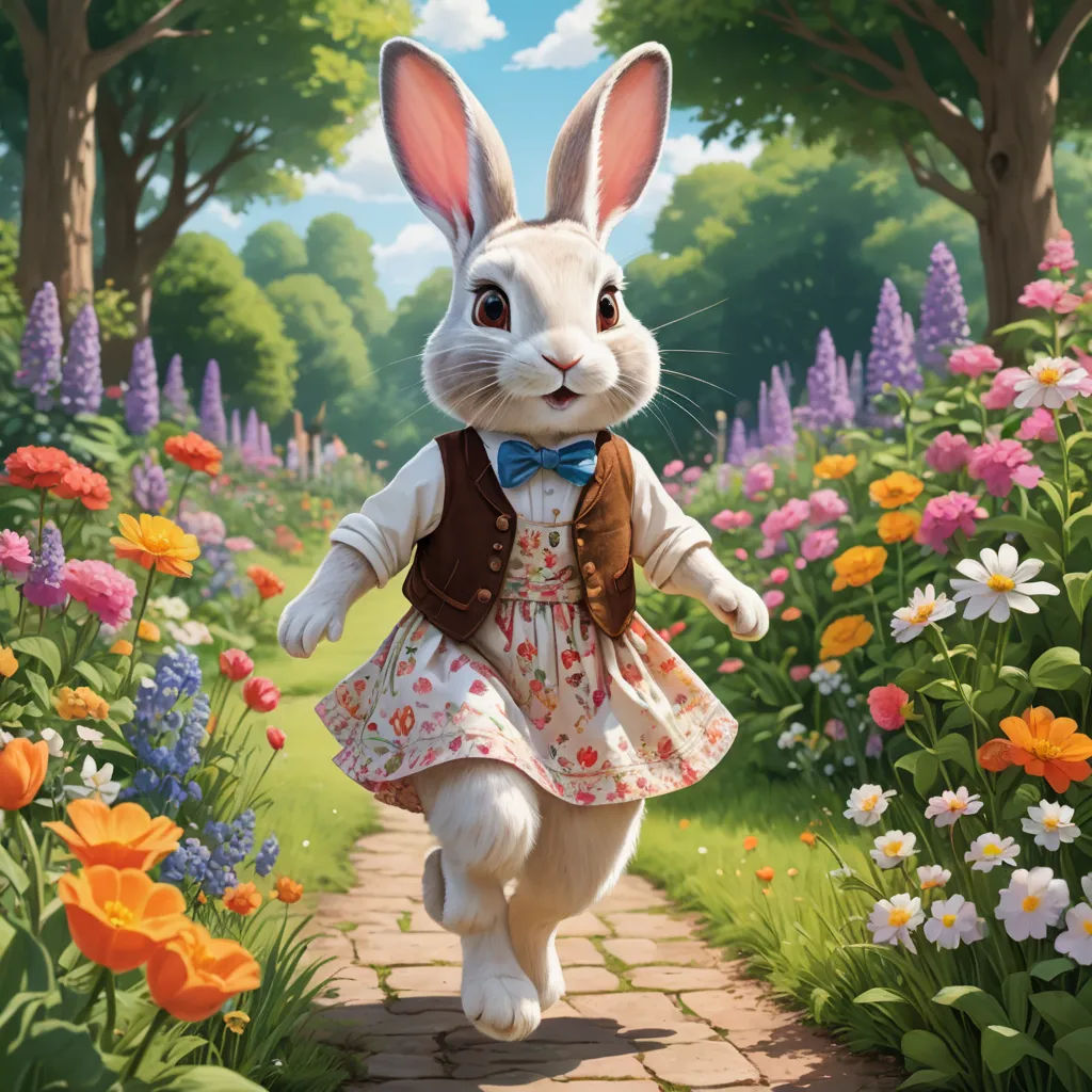 a painting of a rabbit in a dress running through a garden with flowers and trees in the background,, furry art, a storybook illustration, Beatrix Potter, official art