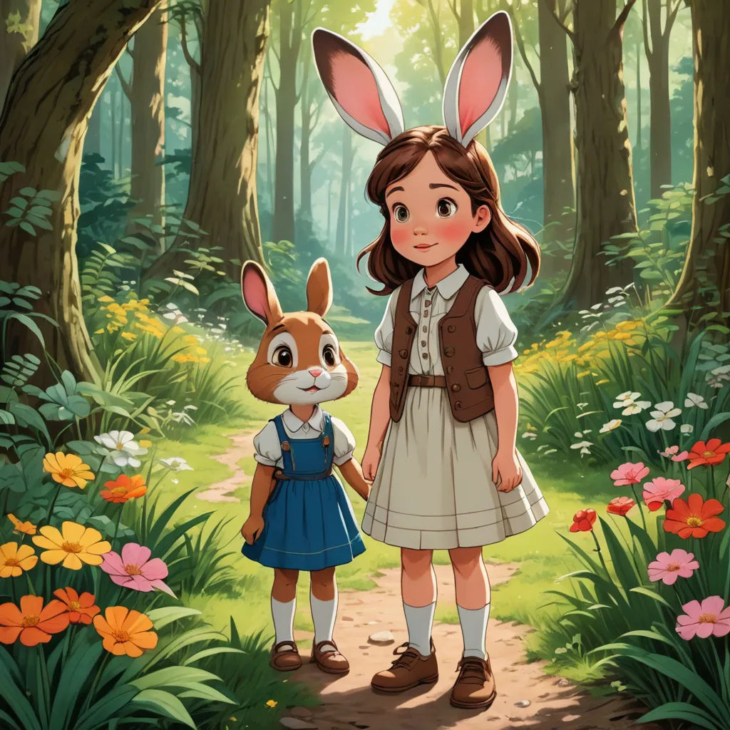 a girl and a rabbit in a forest with flowers and trees in the background, with a path leading to the woods, furry art, a storybook illustration, Beatrix Potter, official art