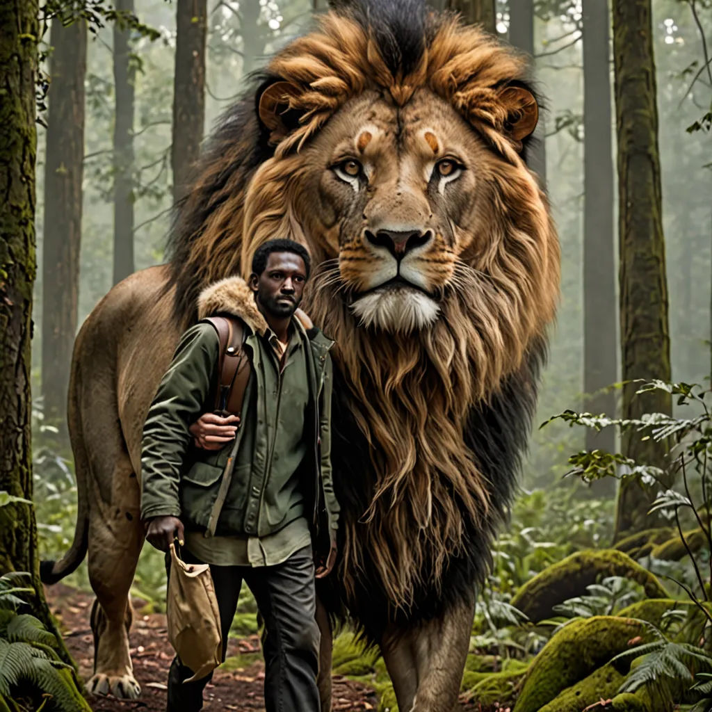 a man and a lion in a forest with trees and bushes behind them, with a man standing next to the lion, magical realism, poster art, Chris LaBrooy, promotional image