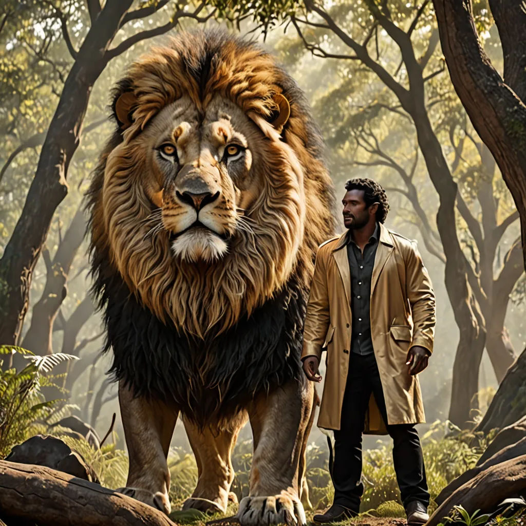 a man standing next to a large lion in a forest with trees and rocks in the background, with a man standing next to a large lion, magical realism, a poster, Chris LaBrooy, imax 70 mm footage