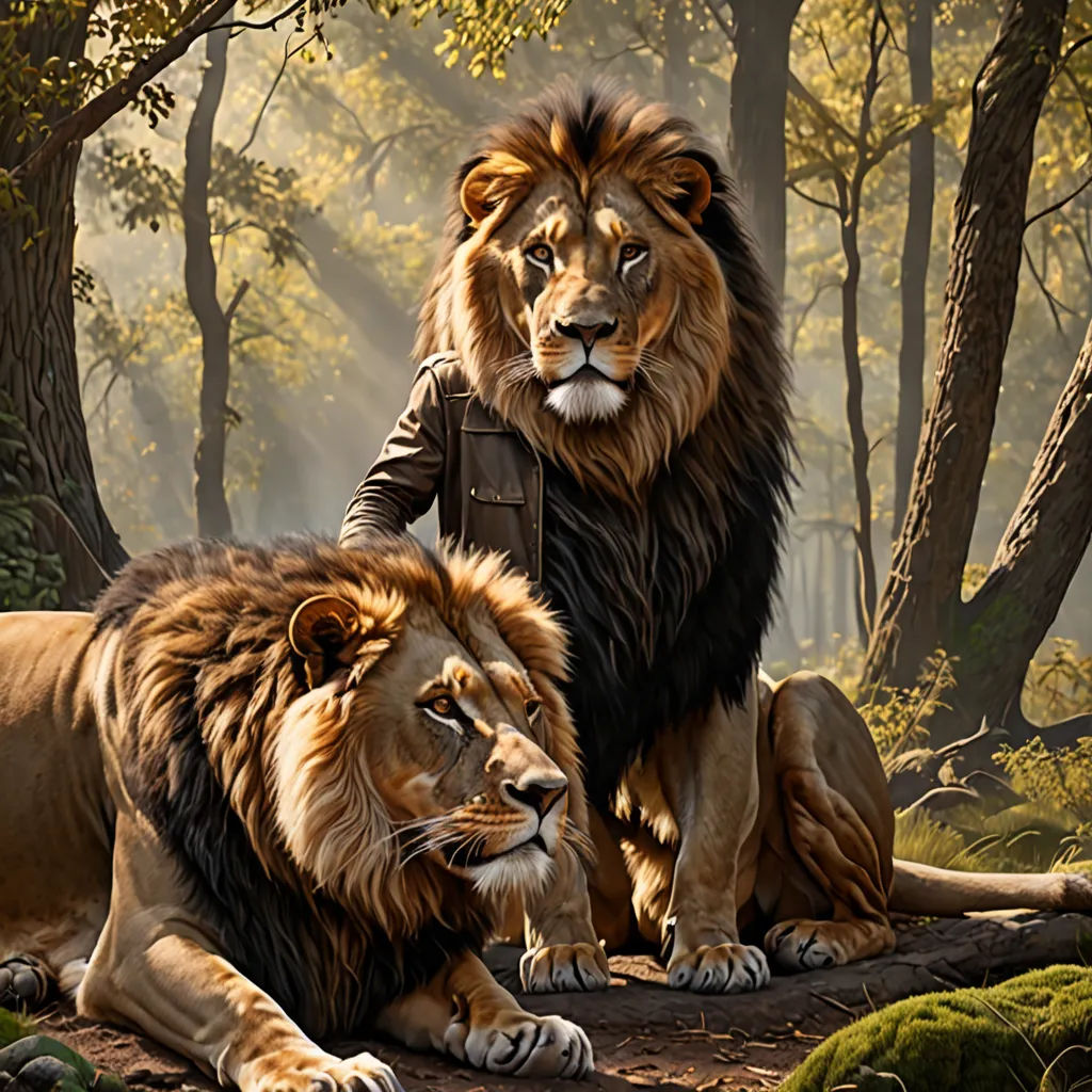a painting of two lions sitting on a log in the woods with a man standing next to them,, fantastic realism, a photorealistic painting, Chris LaBrooy, highly detailed digital painting