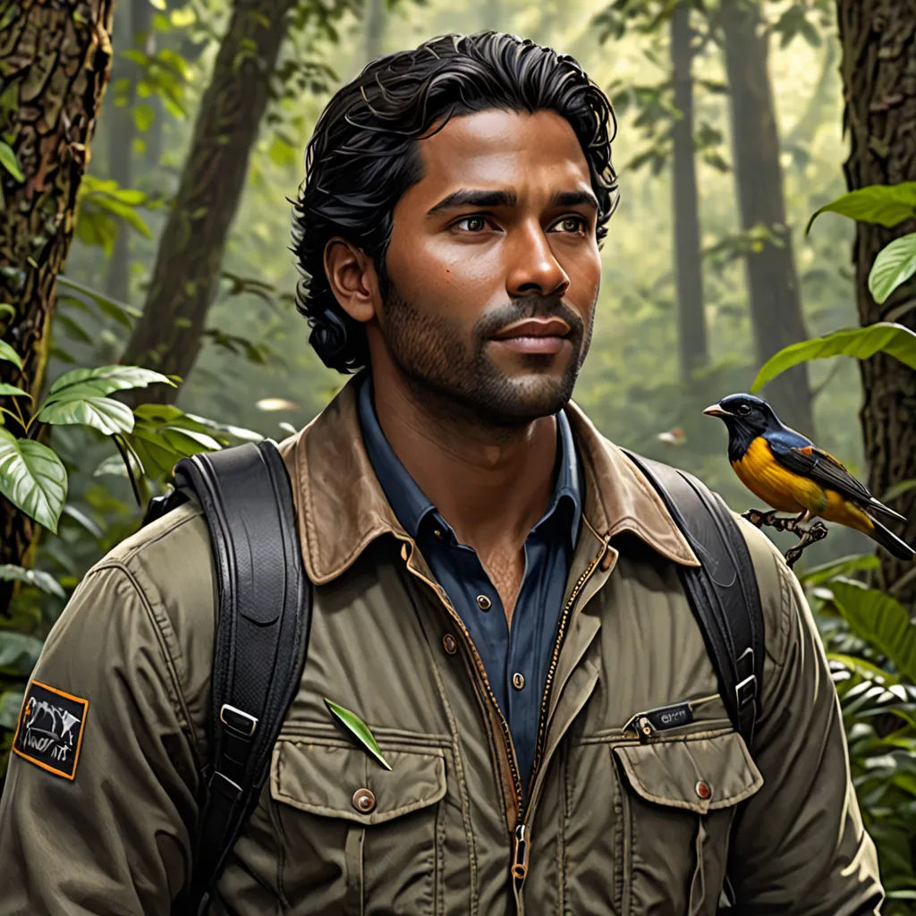 a man in a forest with a bird on his shoulder and a bird on his shoulder, with a forest background, photorealism, a character portrait, Chris LaBrooy, highly detailed digital painting