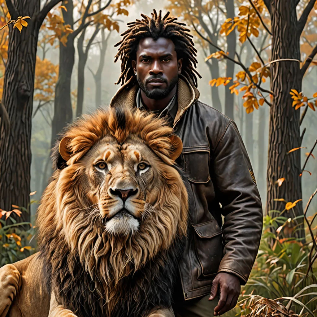 a man with dreadlocks standing next to a lion in a forest with trees and leaves in the background, afrofuturism, a photorealistic painting, Chris LaBrooy, promotional image