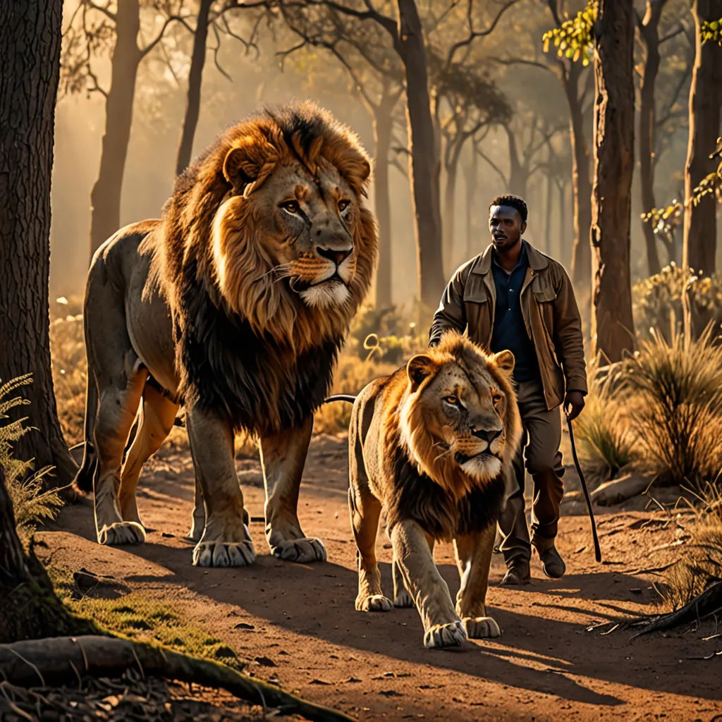 a man walking two lions down a dirt road in the woods with a stick in his hand and a walking stick in his hand, magical realism, a detailed matte painting, Chris LaBrooy, promotional image