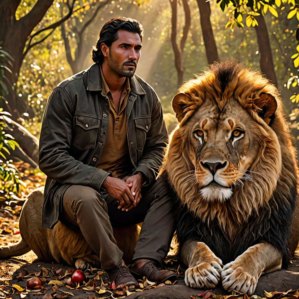 a man sitting next to a lion in a forest with trees and leaves on the ground and a forest background, naturalism, a photorealistic painting, Eric Taylor, promotional image