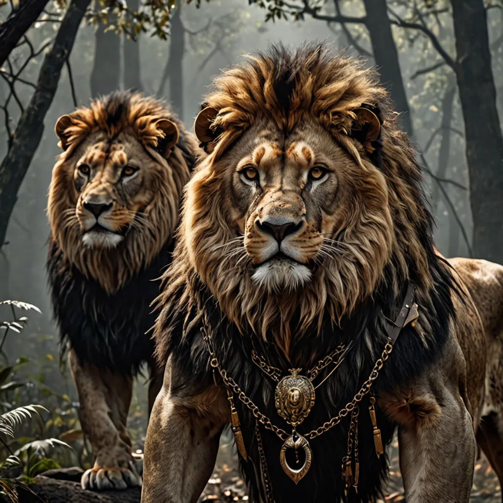 two lions standing in the woods with chains around their necks and their faces are covered in fur and chains, photorealism, a photorealistic painting, Chris LaBrooy, photoreal