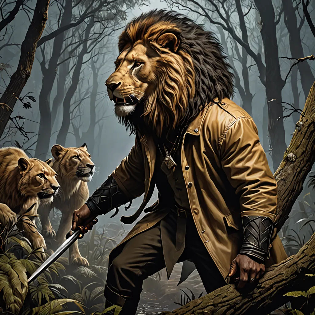 a man with a sword and a lion in the woods with other lions behind him and a forest background, fantasy art, a character portrait, Dirk Crabeth, epic fantasy character art