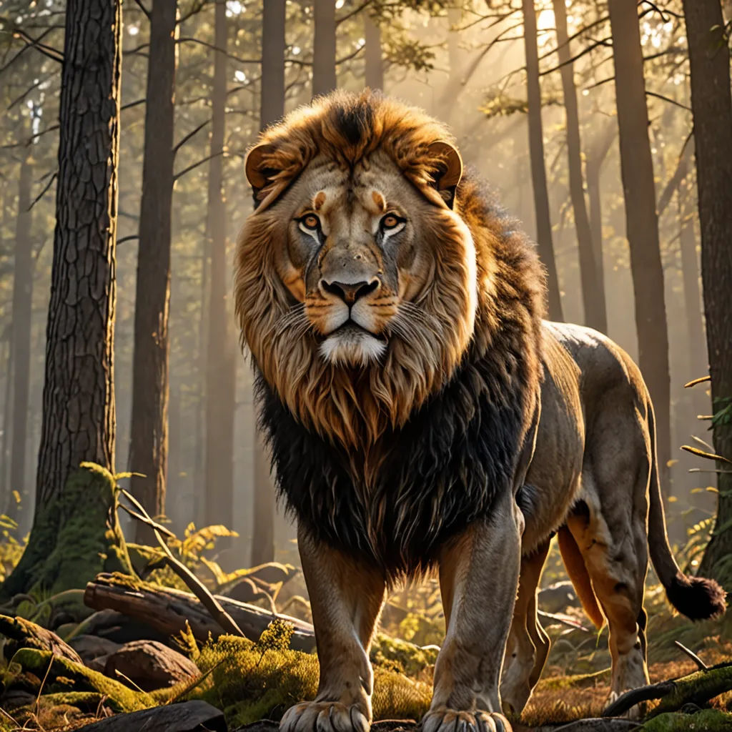 a lion standing in the middle of a forest with trees in the background and sunlight shining through the trees, photorealism, a photorealistic painting, Chris LaBrooy, photoreal