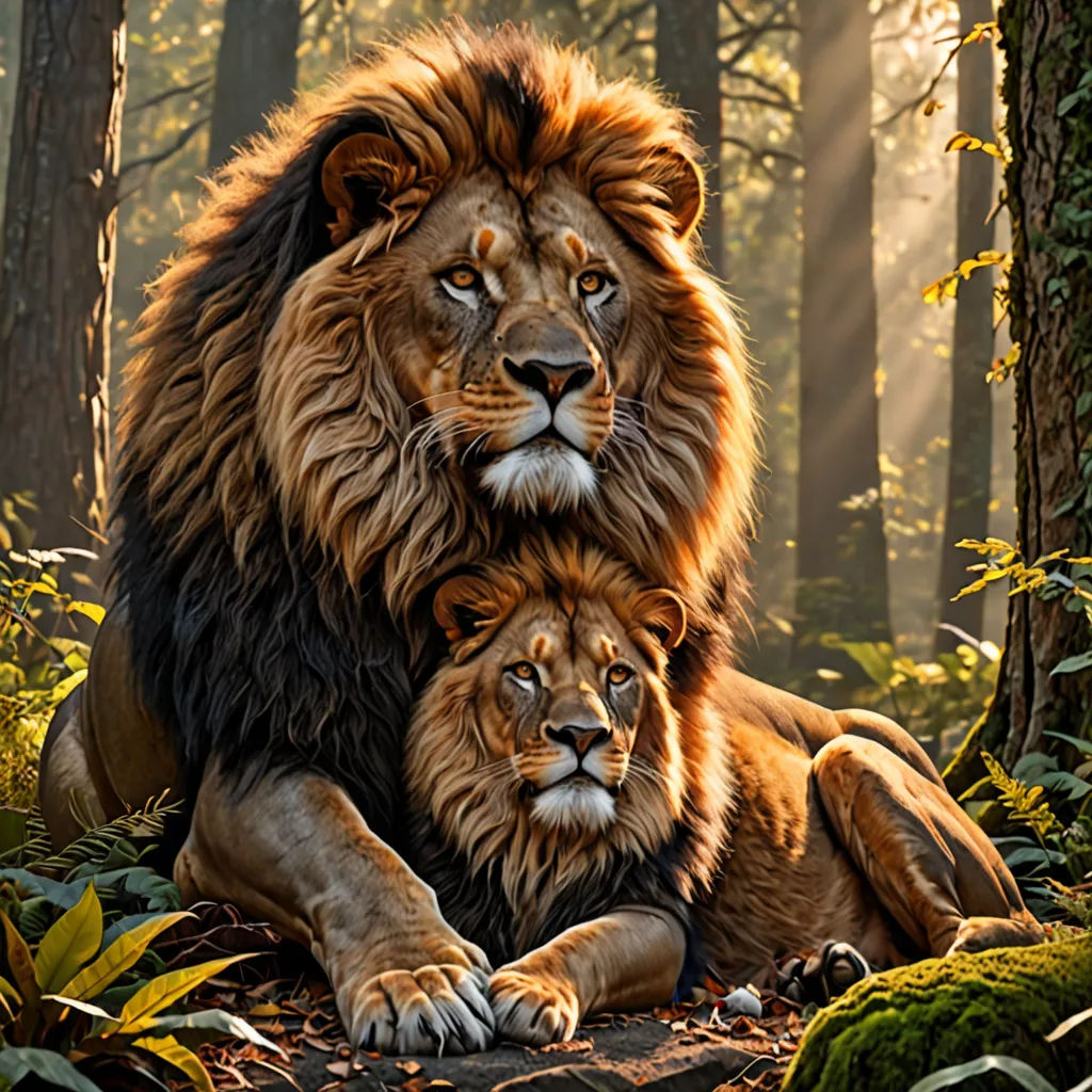 a lion and a lioness sitting in the woods together, with the sun shining through the trees behind them, furry art, an oil painting, Brothers Hildebrandt, photoreal