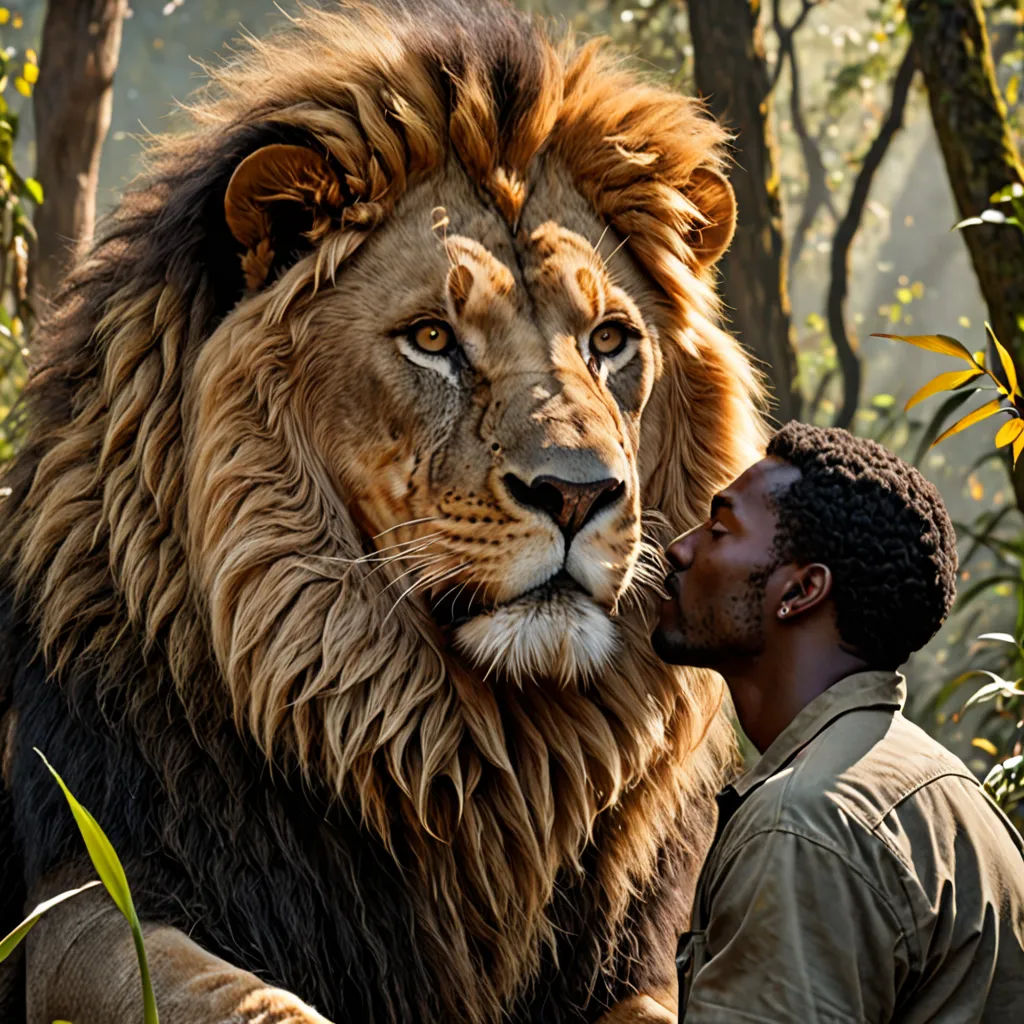 a man standing next to a large lion in a forest with trees and bushes behind him and a man looking at it, sumatraism, a poster, Chris LaBrooy, promotional image