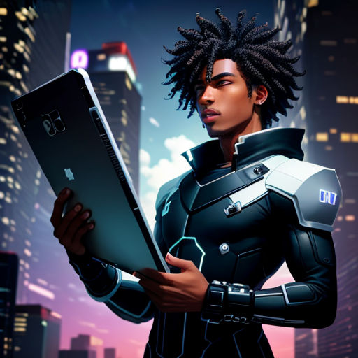 a man in a futuristic suit holding a laptop computer in his hands in front of a cityscape
