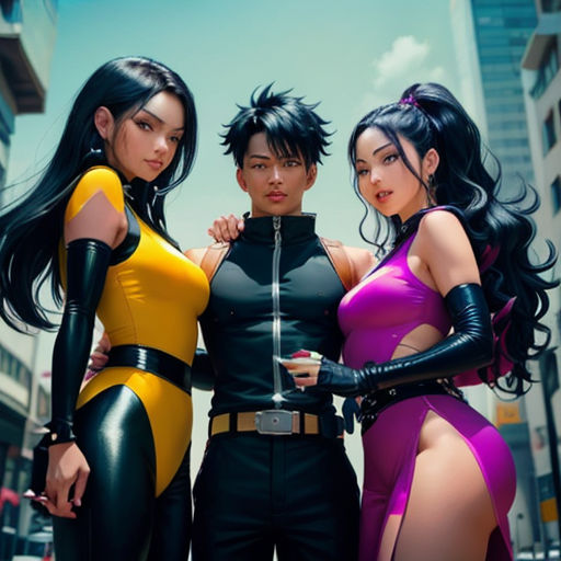 three women in costumes standing next to each other in a city street with tall buildings in the background and a blue sky