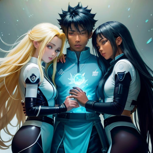 a group of people standing next to each other in front of a wallpaper with a picture of a man and two women