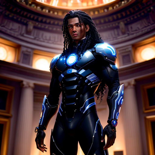 a man in a futuristic suit standing in a room with a clock on the wall behind him and a light on his chest