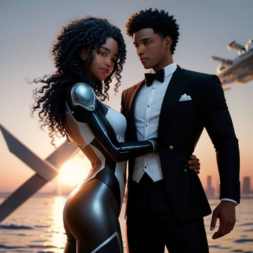 a man and woman in a suit standing next to each other in front of a body of water with a plane in the background
