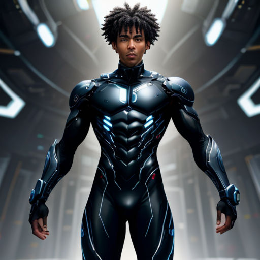 a man in a futuristic suit standing in a hallway with lights on the ceiling and a spotlight in the background