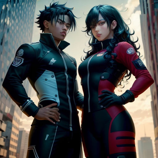 two people in black and red outfits standing next to each other in a cityscape with skyscrapers