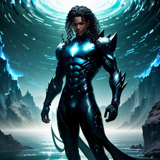 a woman in a futuristic suit standing in front of a blue vortex with a cat on her chest and a black cat on her chest