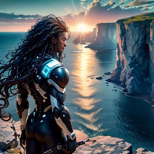 a woman in a futuristic suit standing on a cliff overlooking the ocean with a sunset in the background and a cliff in the foreground