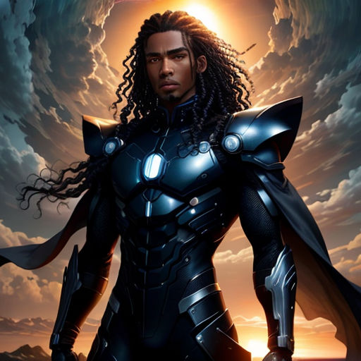 a man in a suit with dreadlocks and a cape on his shoulders, standing in front of a cloudy sky