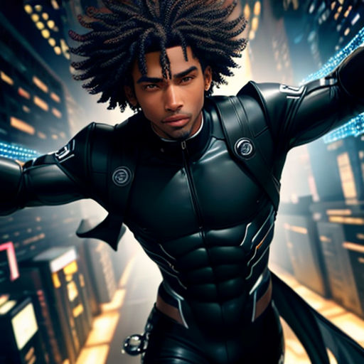 a man with dreadlocks in a futuristic city at night with lights and buildings in the background, 3d illustration