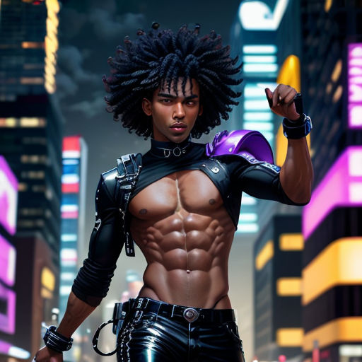 a man with dreadlocks and a shirt on in a city at night with neon lights and skyscrapers