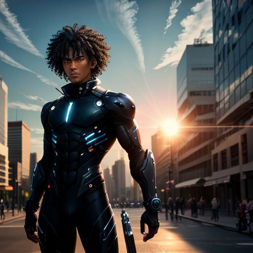 a man in a futuristic suit is standing on a street corner with a gun in his hand and a city in the background