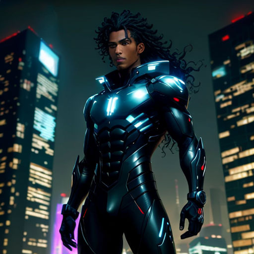 a man in a futuristic suit standing in front of a city at night with skyscrapers in the background