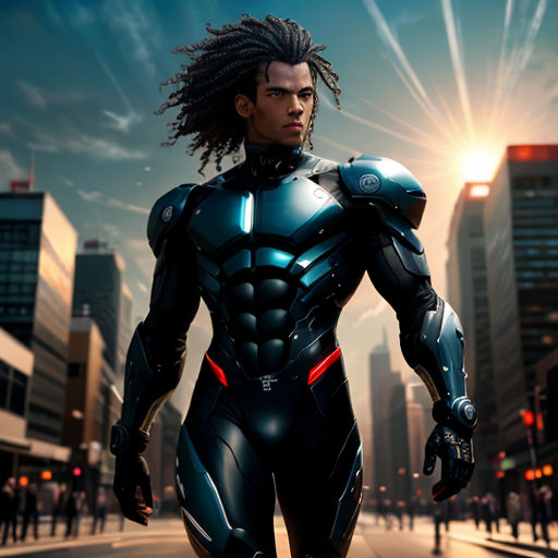 a man in a futuristic suit walking down a street in front of a city skyline with skyscrapers and a sun