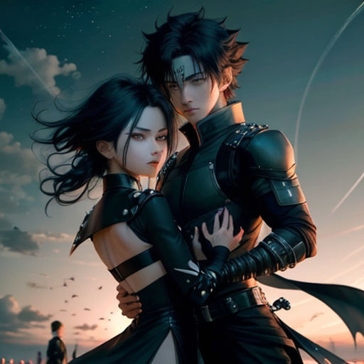 a couple of people standing next to each other in front of a sky with clouds and stars in the background