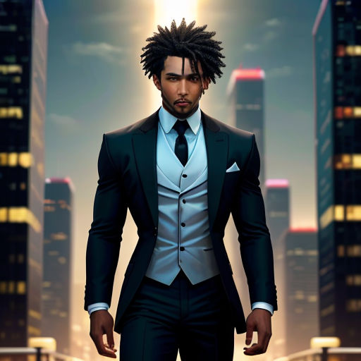 a man in a suit and tie standing in front of a cityscape at night with a bright light
