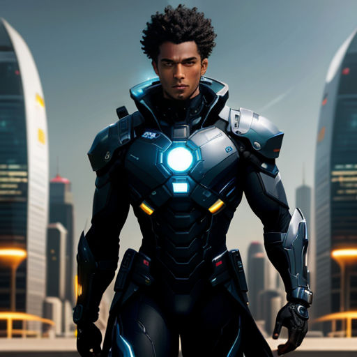 a man in a suit with a futuristic city in the background and a futuristic city in the background, with a futuristic city in the background