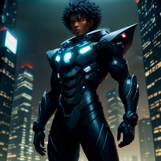 a man in a futuristic suit standing in front of a city at night with a futuristic light up helmet