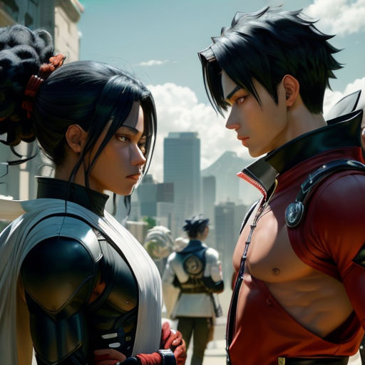 a couple of people standing next to each other in a city street with a sky background and clouds in the background