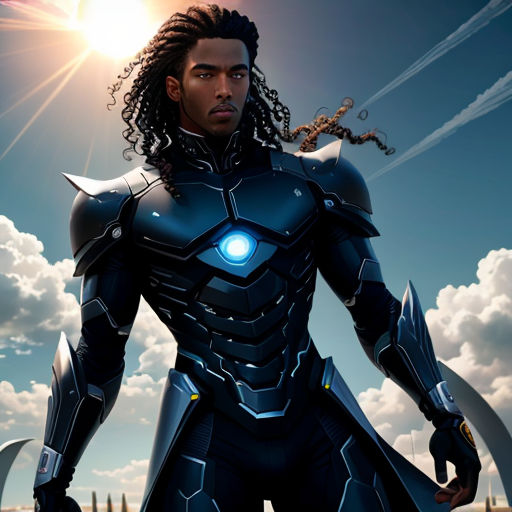 a man in a suit with a sword in his hand and a sky background with clouds and sun behind him